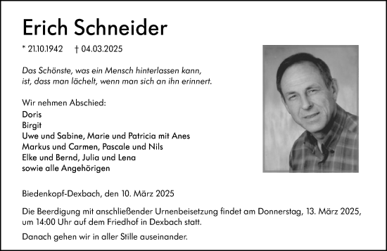 Traueranzeige von Erich Schneider von Hinterländer Anzeiger