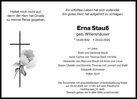 Traueranzeige von Erna Stauß von Hinterländer Anzeiger