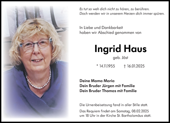 Traueranzeige von Ingrid Haus von Dill Block