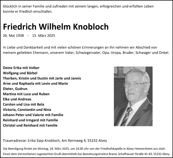 Traueranzeige von Friedrich Wilhelm Knobloch von Allgemeine Zeitung Alzey