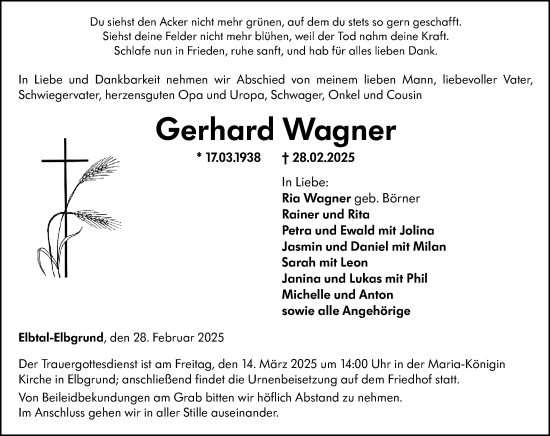 Traueranzeige von Gerhard Wagner von Nassauische Neue Presse