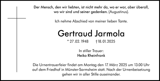 Traueranzeige von Gertraud Jarmola von Binger-/Ingelheimer Wochenblatt