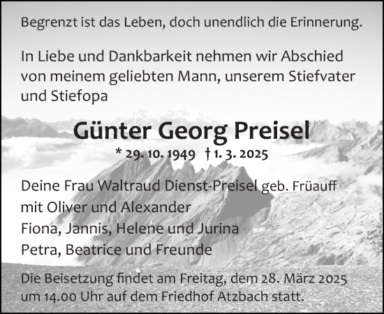 Traueranzeige von Günter Georg Preisel von Wetzlarer Neue Zeitung