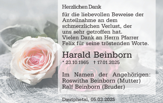 Traueranzeige von Harald Beinborn von Hinterländer Anzeiger