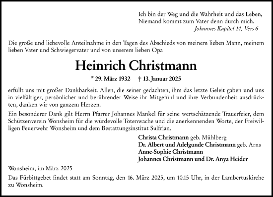 Traueranzeige von Heinrich Christmann von Allgemeine Zeitung Alzey
