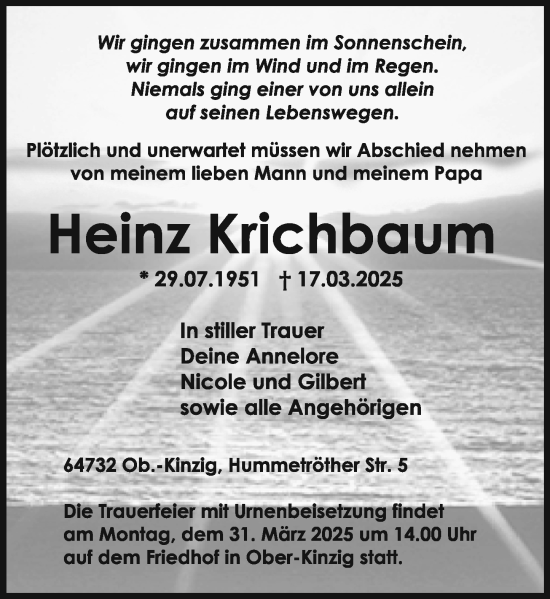 Traueranzeige von Heinz Krichbaum von Odenwälder Echo