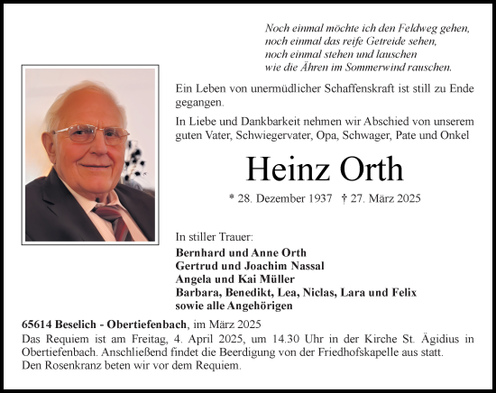 Traueranzeige von Heinz Orth von Nassauische Neue Presse