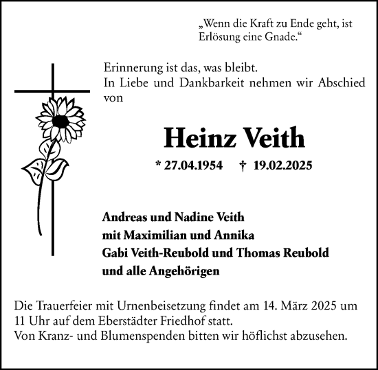 Traueranzeige von Heinz Veith von Darmstädter Echo