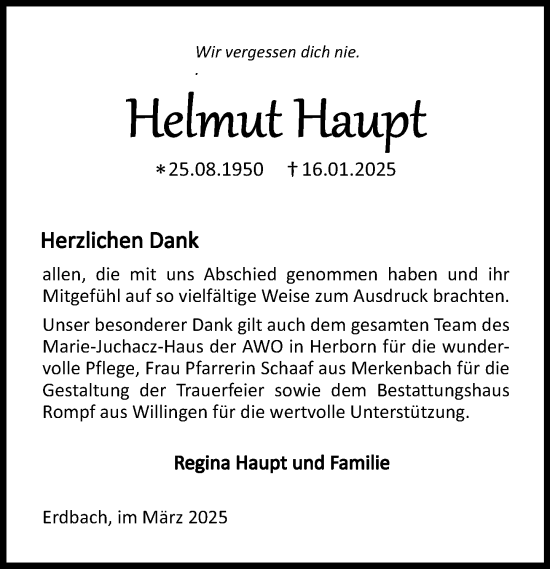 Traueranzeige von Helmut Haupt von Dill Block
