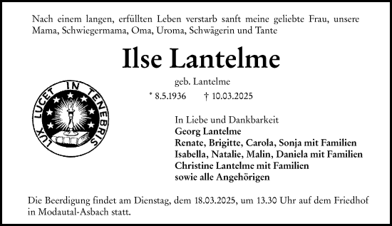 Traueranzeige von Ilse Lantelme von Darmstädter Echo