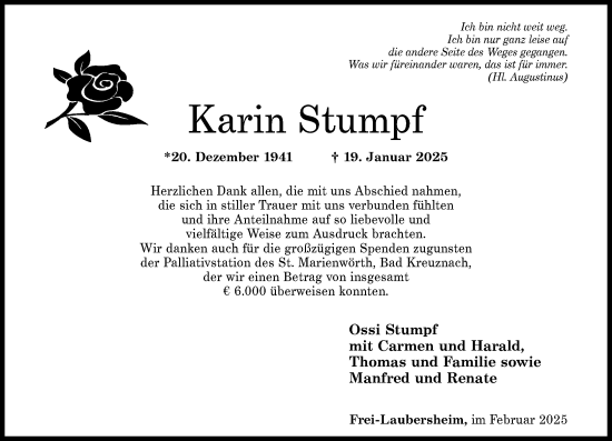 Traueranzeige von Karin Stumpf von Allgemeine Zeitung Rheinhessen-Nahe