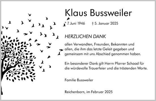 Traueranzeige von Klaus Bussweiler von Weilburger Tageblatt