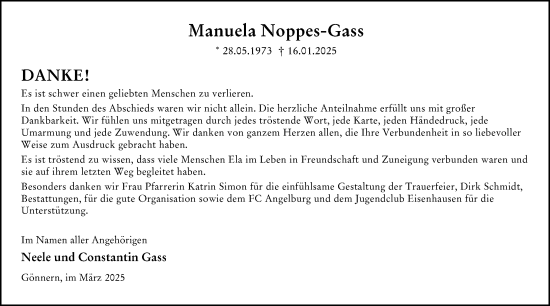 Traueranzeige von Manuela Noppes-Gass von Hinterländer Anzeiger