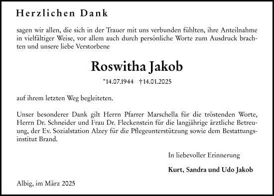 Traueranzeige von Roswitha Jakob von Allgemeine Zeitung Alzey