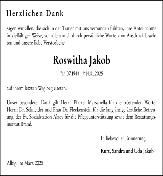 Traueranzeige von Roswitha Jakob von Allgemeine Zeitung Alzey