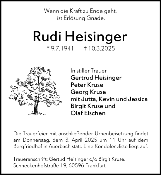 Traueranzeige von Rudi Heisinger von Darmstädter Echo