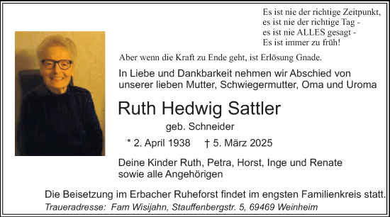 Traueranzeige von Ruth Hedwig Sattler von Starkenburger Echo
