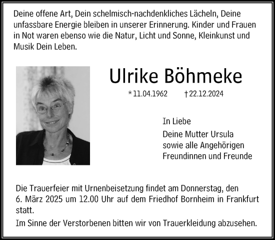 Traueranzeige von Ulrike Böhmeke von Darmstädter Echo
