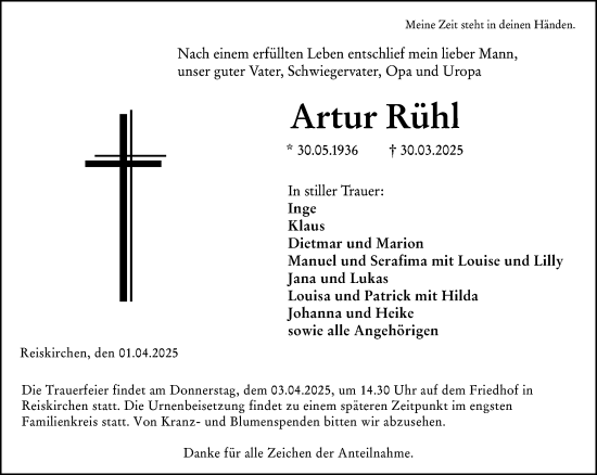 Traueranzeige von Artur Rühl von Wetzlarer Neue Zeitung