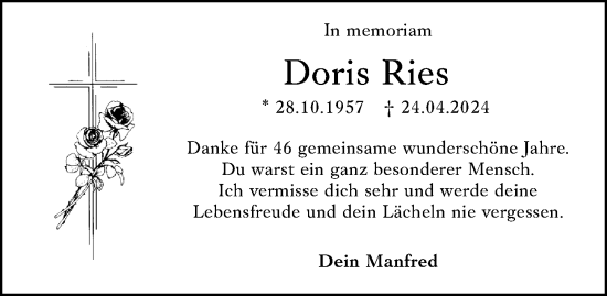 Traueranzeige von Doris Ries von Allgemeine Zeitung Rheinhessen-Nahe