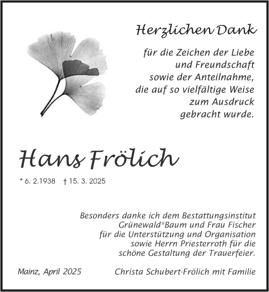 Traueranzeige von Hans Frölich von Allgemeine Zeitung Mainz