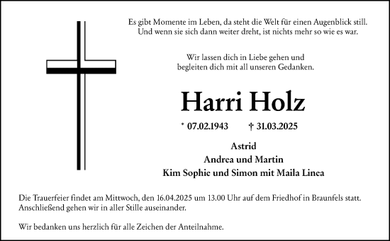 Traueranzeige von Harri Holz von Wetzlarer Neue Zeitung