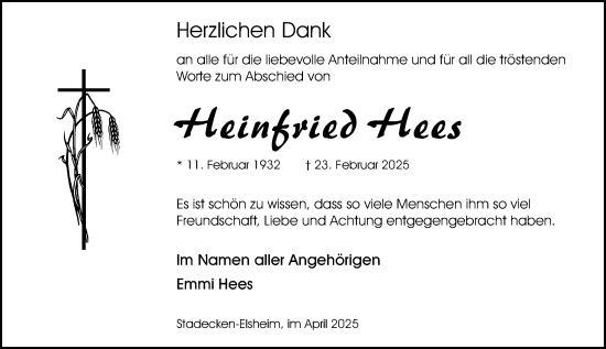 Traueranzeige von Heinfried Hees von Allgemeine Zeitung Mainz
