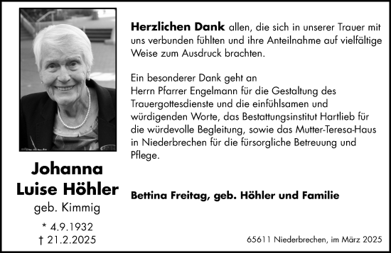 Traueranzeige von Johanna Luise Höhler von Camberger Anzeiger