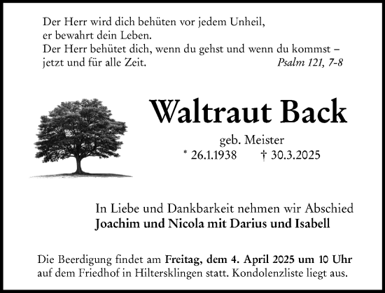 Traueranzeige von Waltraut Back von Odenwälder Echo