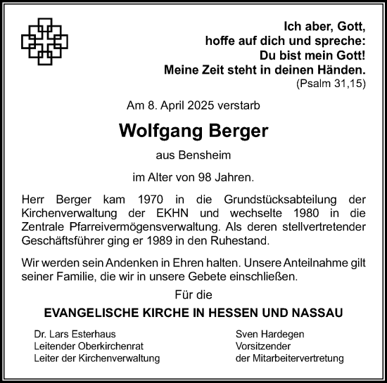 Traueranzeige von Wolfgang Berger von Darmstädter Echo