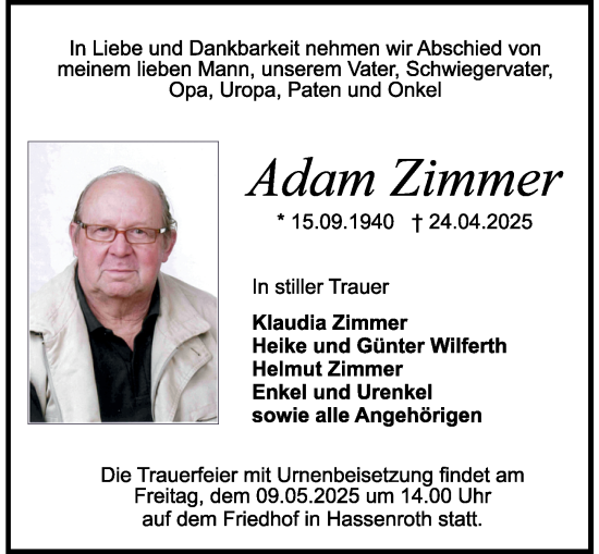 Traueranzeige von Adam Zimmer von Odenwälder Echo