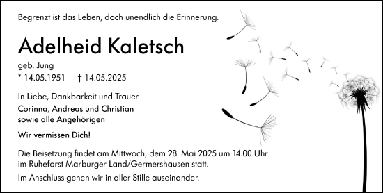 Traueranzeige von Adelheid Kaletsch von Hinterländer Anzeiger