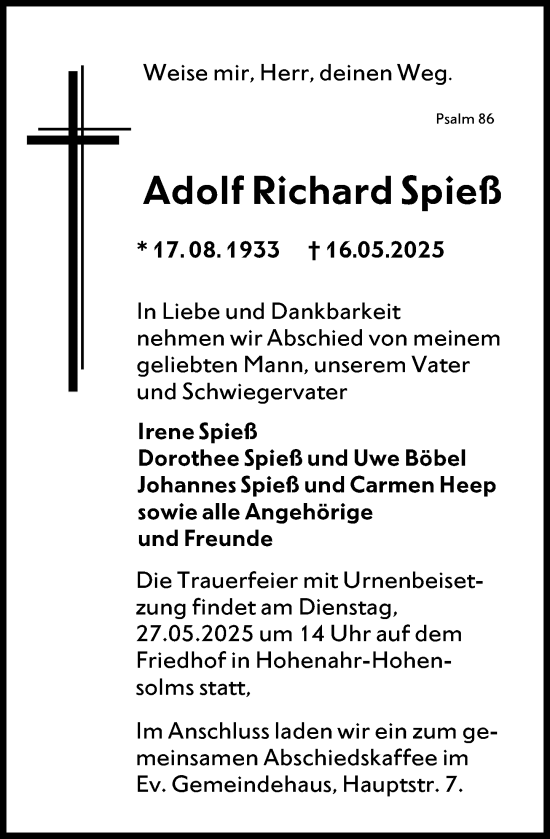 Traueranzeige von Adolf Richard Spieß von Wetzlarer Neue Zeitung