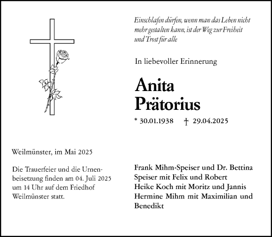 Traueranzeige von Anita Prätorius von Weilburger Tageblatt