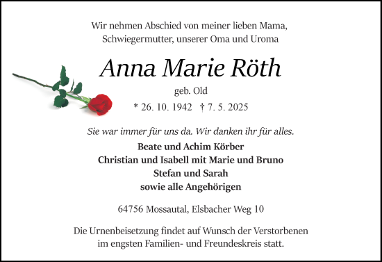 Traueranzeige von Anna Marie Röth von Odenwälder Echo