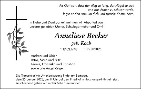 Traueranzeige von Anneliese Becker von Hinterländer Anzeiger