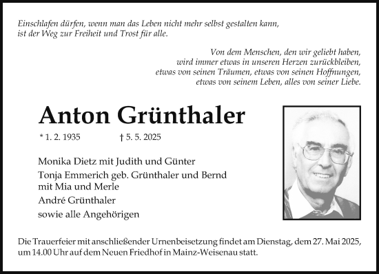 Traueranzeige von Anton Grünthaler von Allgemeine Zeitung Mainz