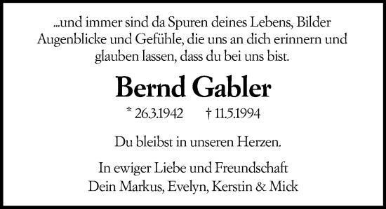 Traueranzeige von Bernd Gabler von Wiesbadener Kurier