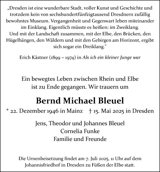 Traueranzeige von Bernd Michael Bleuel von Allgemeine Zeitung Mainz