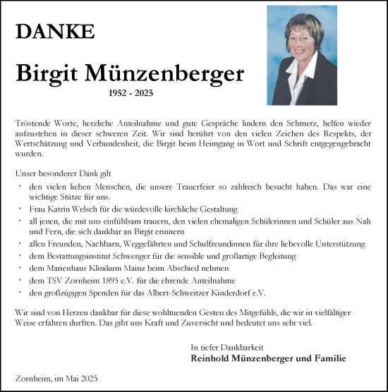 Traueranzeige von Birgit Münzenberger von Allgemeine Zeitung Mainz