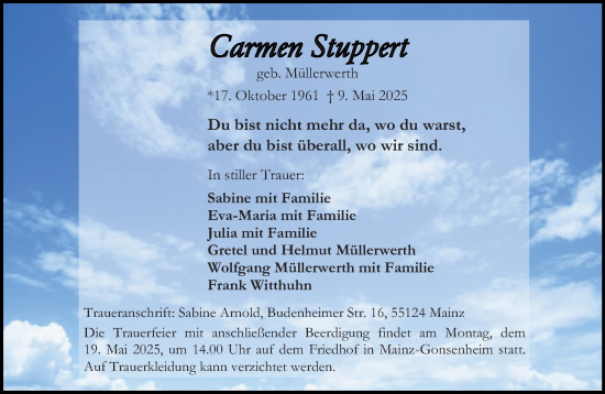 Traueranzeige von Carmen Stuppert von Allgemeine Zeitung Mainz
