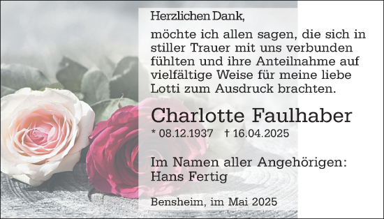 Traueranzeige von Charlotte Faulhaber von Odenwälder Echo
