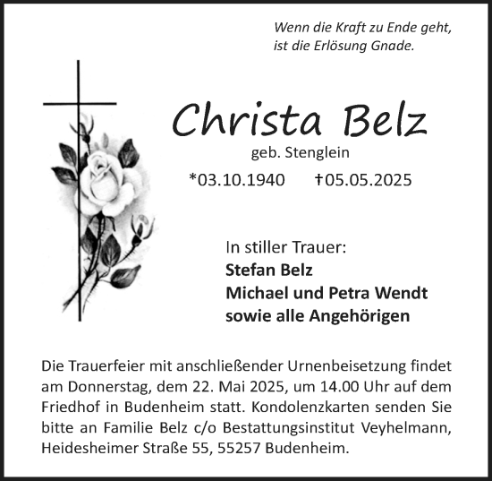 Traueranzeige von Christa Belz von Allgemeine Zeitung Mainz