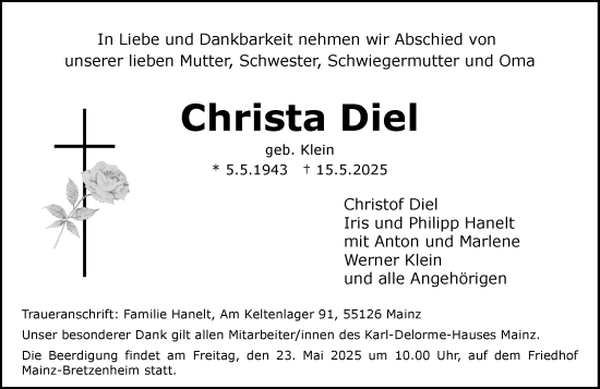 Traueranzeige von Christa Diel von Allgemeine Zeitung Mainz