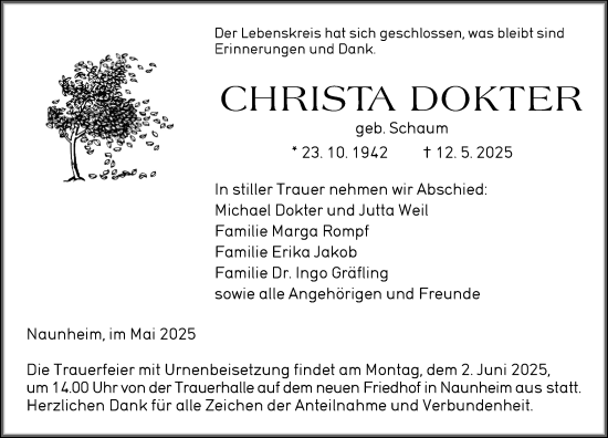 Traueranzeige von Christa Dokter von Wetzlarer Neue Zeitung