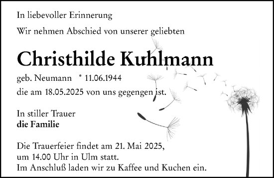 Traueranzeige von Christhilde Kuhlmann von Wetzlarer Neue Zeitung