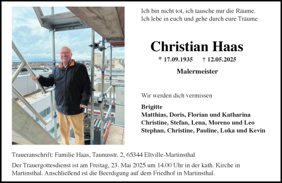 Traueranzeige von Christian Haas von Wiesbadener Kurier
