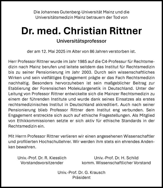 Traueranzeige von Christian Rittner von Allgemeine Zeitung Mainz