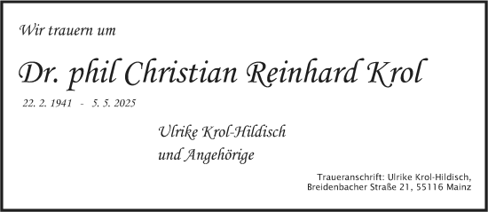 Traueranzeige von Christian Reinhard Krol von Wiesbadener Kurier