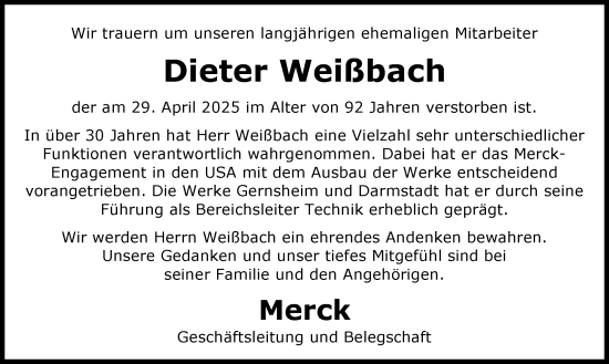 Traueranzeige von Dieter Weißbach von Darmstädter Echo